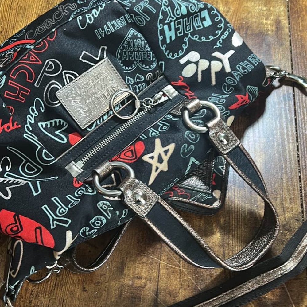 Coach Black Heart Graffiti Wristlet with Red, Teal & Cream Accents